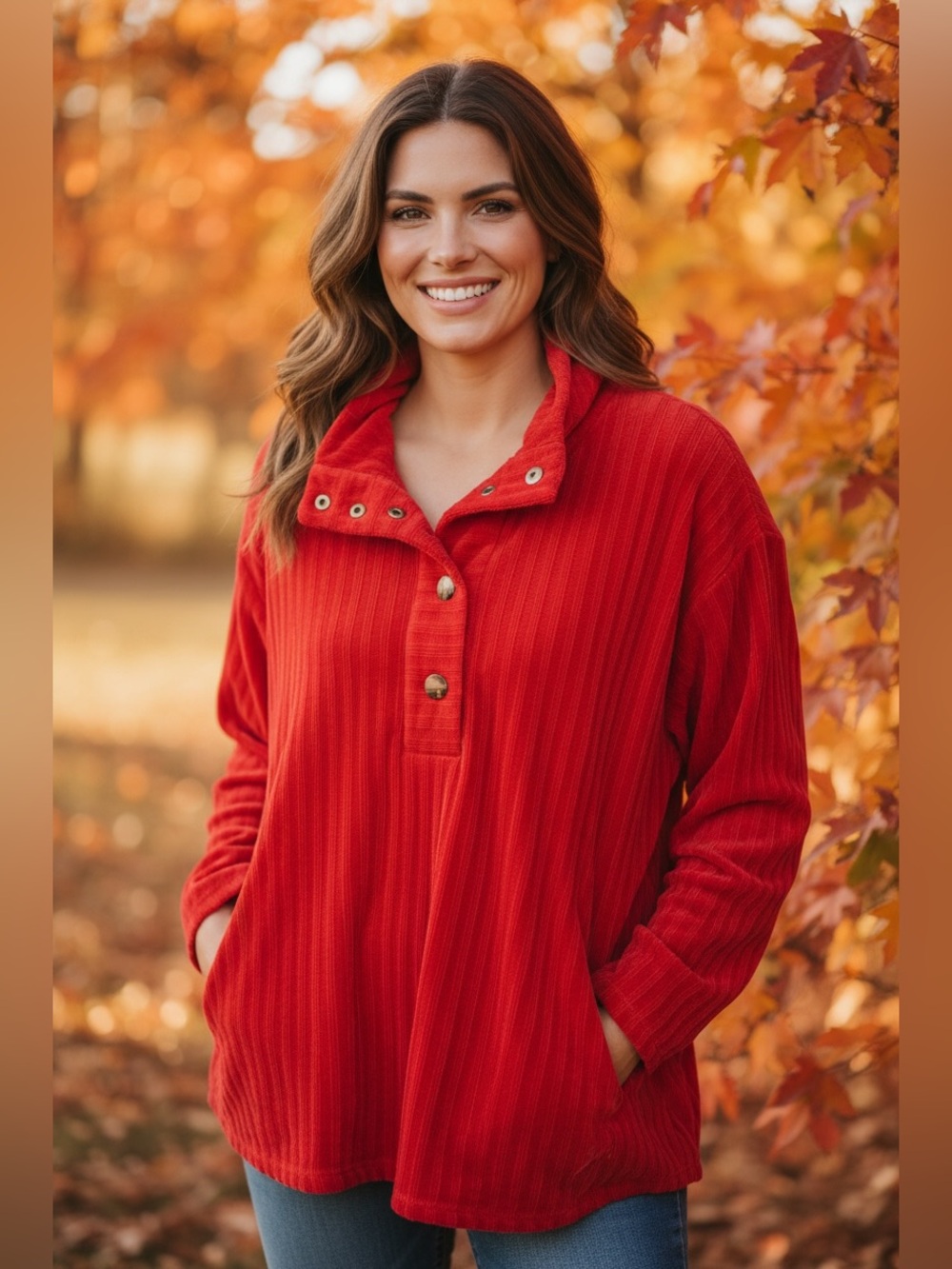 Ruby Rd. Ribbed Snap-Neck Pullover Hoodie in Red